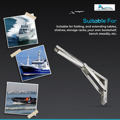 Marine City 304 Stainless Steel Folding Shelf Bracket – 12” Long Arm, Heavy Duty Marine City Hardware