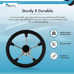 Marine City 13-1/2 inches Boat Stainless Steel Steering Wheel with Black Foam Grip (Diameter: 13-1/2 inches)