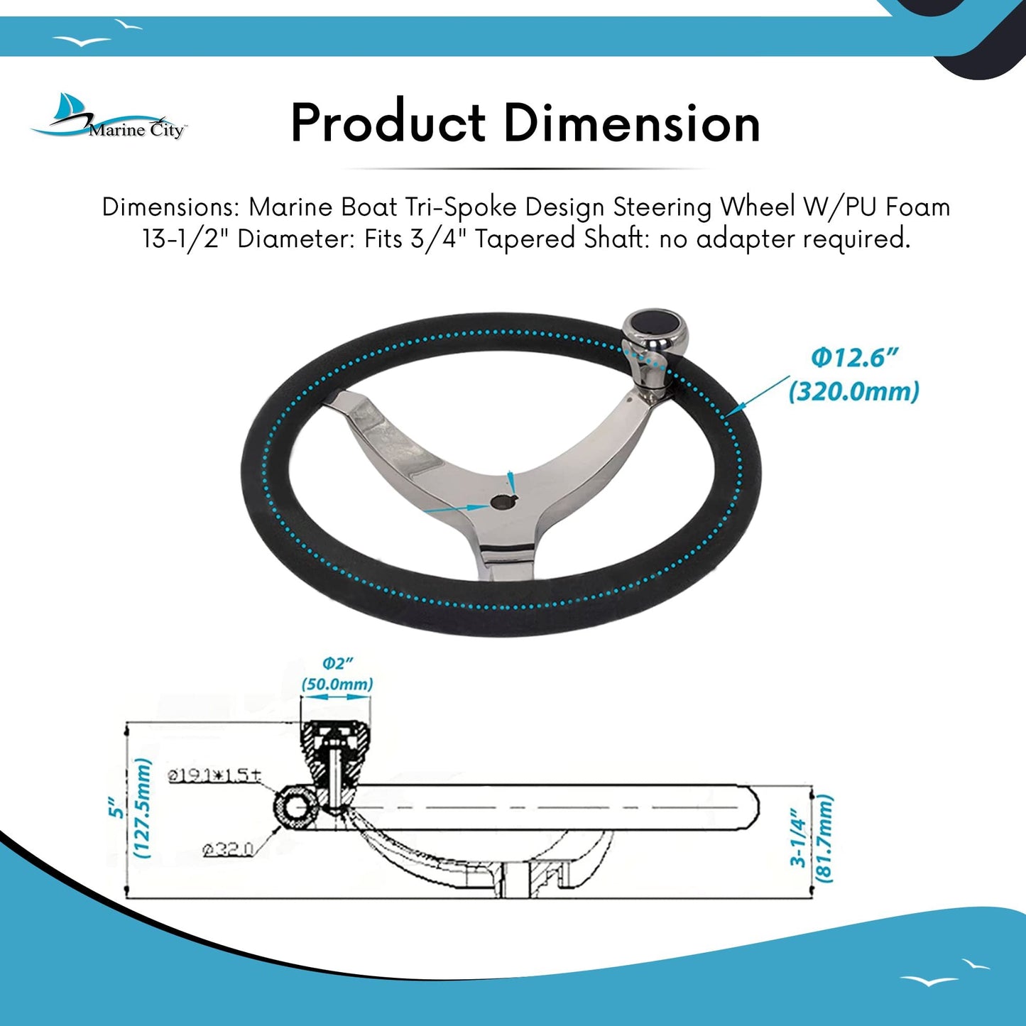 MARINE CITY 3-Spoke Steering Wheel with Knob – 13-1/2” 316 Stainless Steel