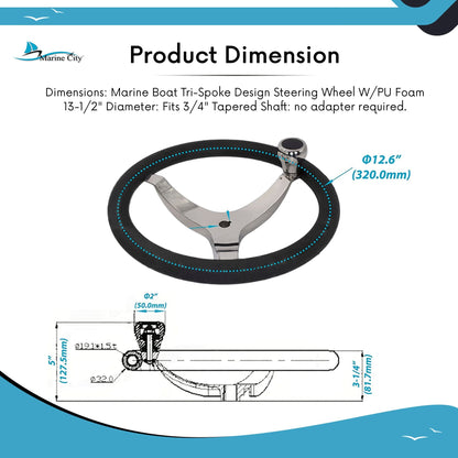 MARINE CITY 3-Spoke Steering Wheel with Knob – 13-1/2” 316 Stainless Steel