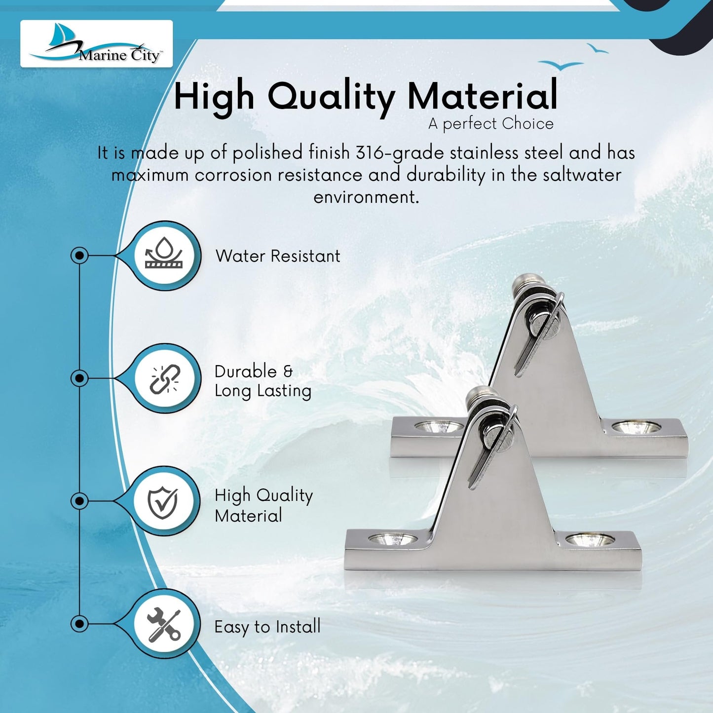 MARINE CITY Stainless Steel Swivel Bimini Top Hinges with Removable Pin (2Pcs) Marine City