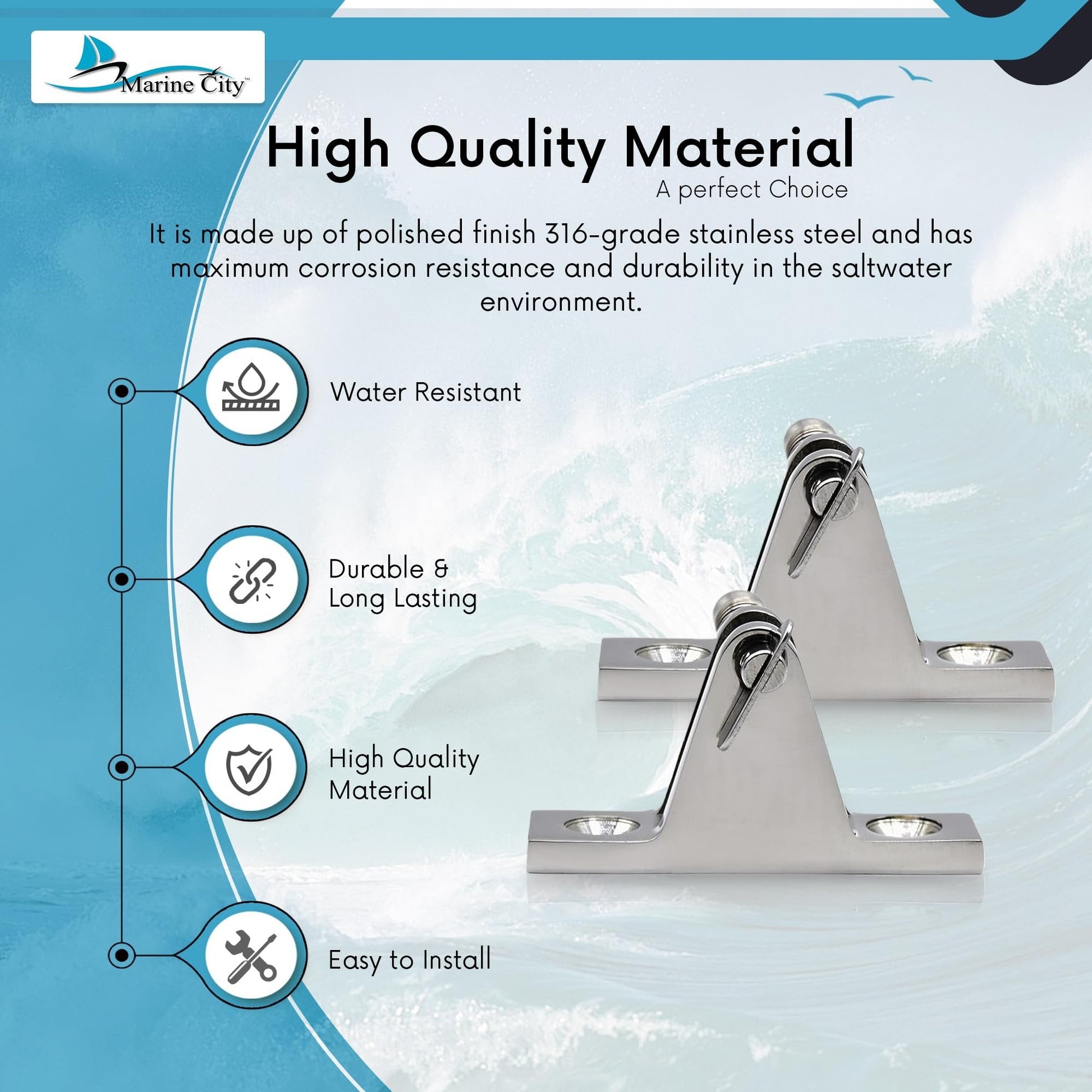 MARINE CITY Stainless Steel Swivel Bimini Top Hinges with Removable Pin (2Pcs) Marine City