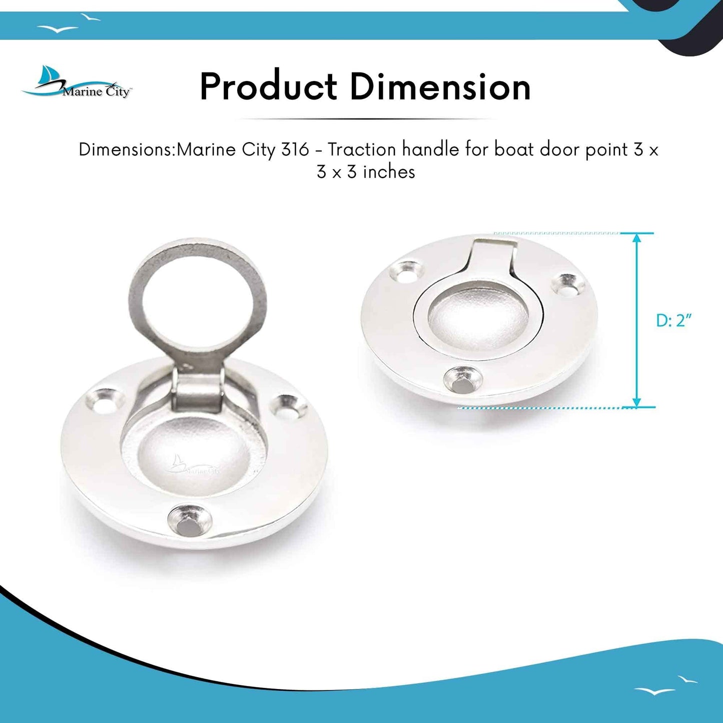 MARINE CITY 316 Stainless Steel Round Flush Boat Hatch Lift Ring – 3-Point Fix