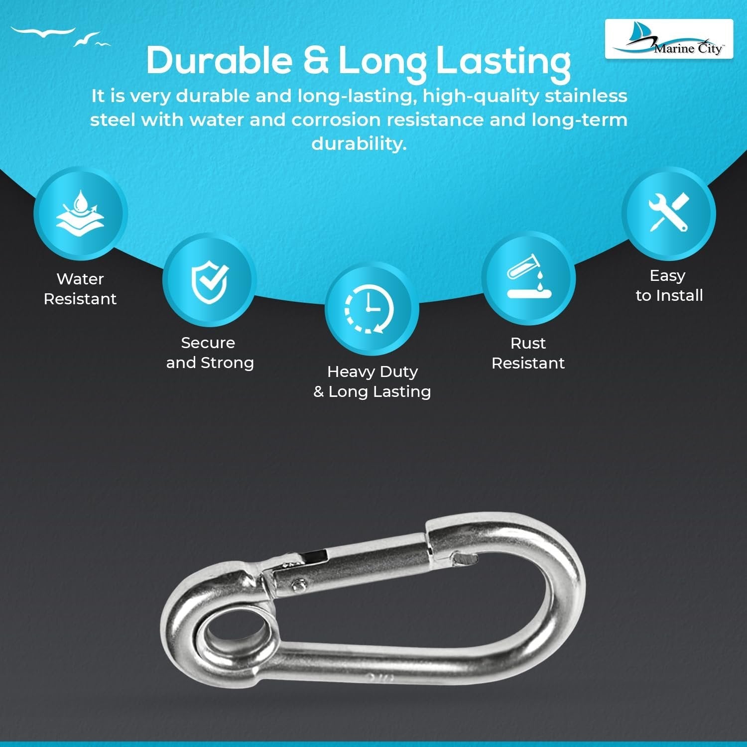 Marine City Carabiner Clip Snap Hook with Ring 2-3/4” Stainless Steel, Rustproof Marine City Hardware