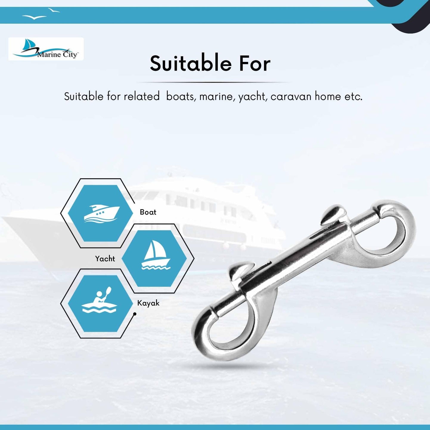 MARINE CITY Gancho de buceo con clip de doble extremo de acero inoxidable 316 de grado marino resistente de 3-1/2"