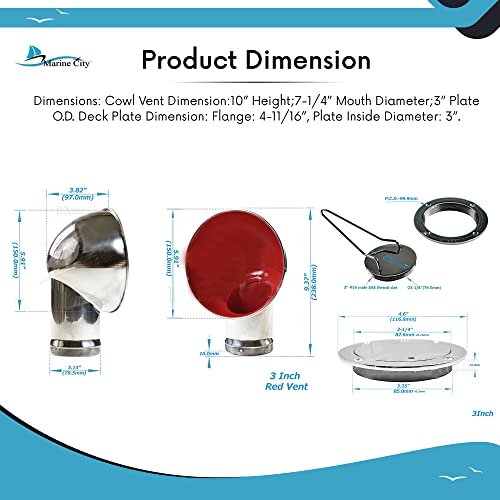 Marine City 304 Stainless Steel Round Red Cowl Vent with 3” Deck Plate & Key