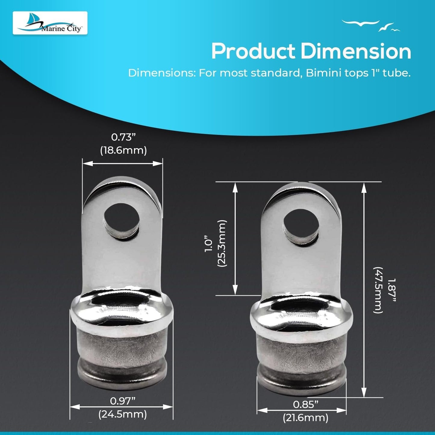Marine City 316 Stainless Steel Bimini Top Round Inside Eye End Fits 1” Tubes Marine City Hardware