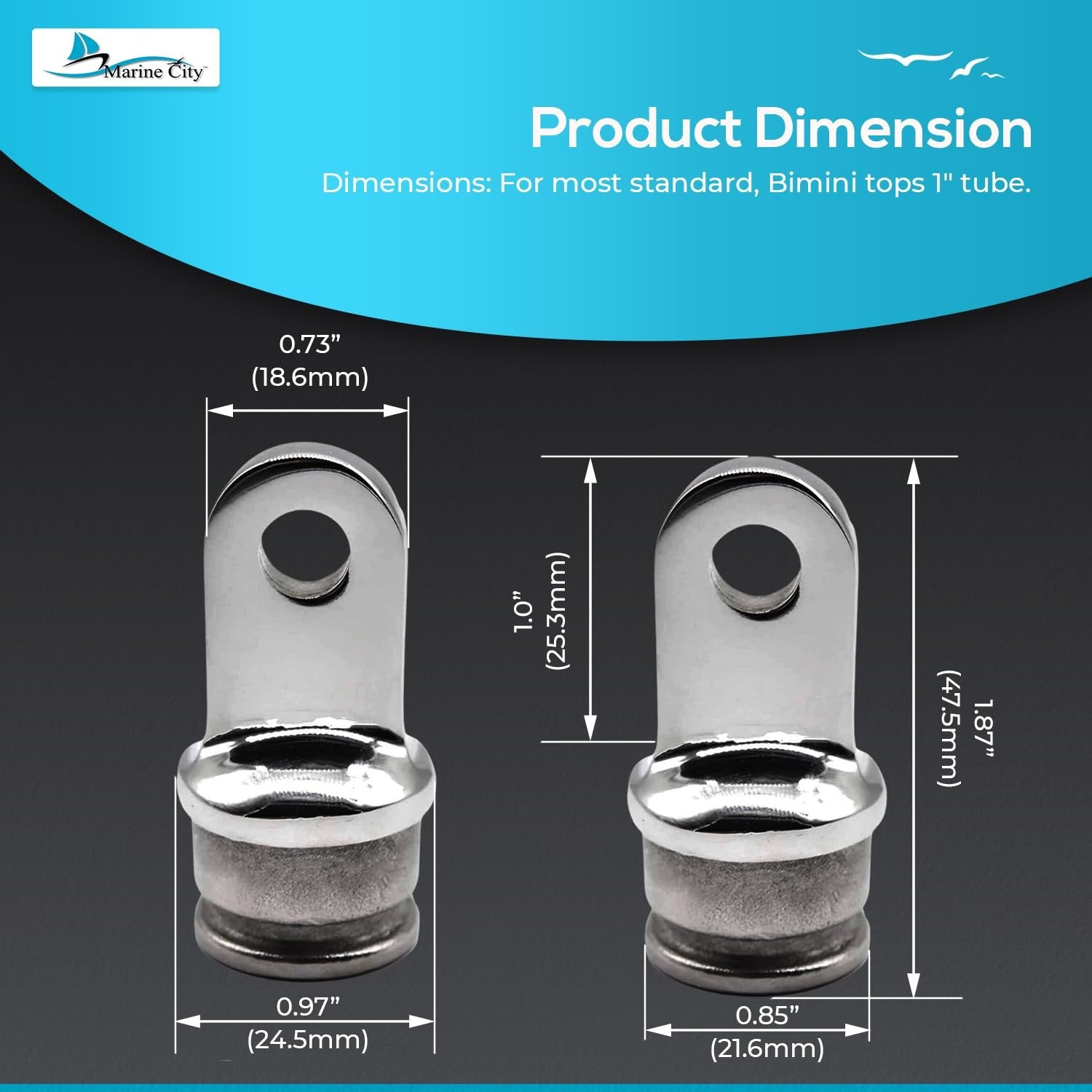 Marine City 316 Stainless Steel Bimini Top Round Inside Eye End Fits 1” Tubes Marine City Hardware