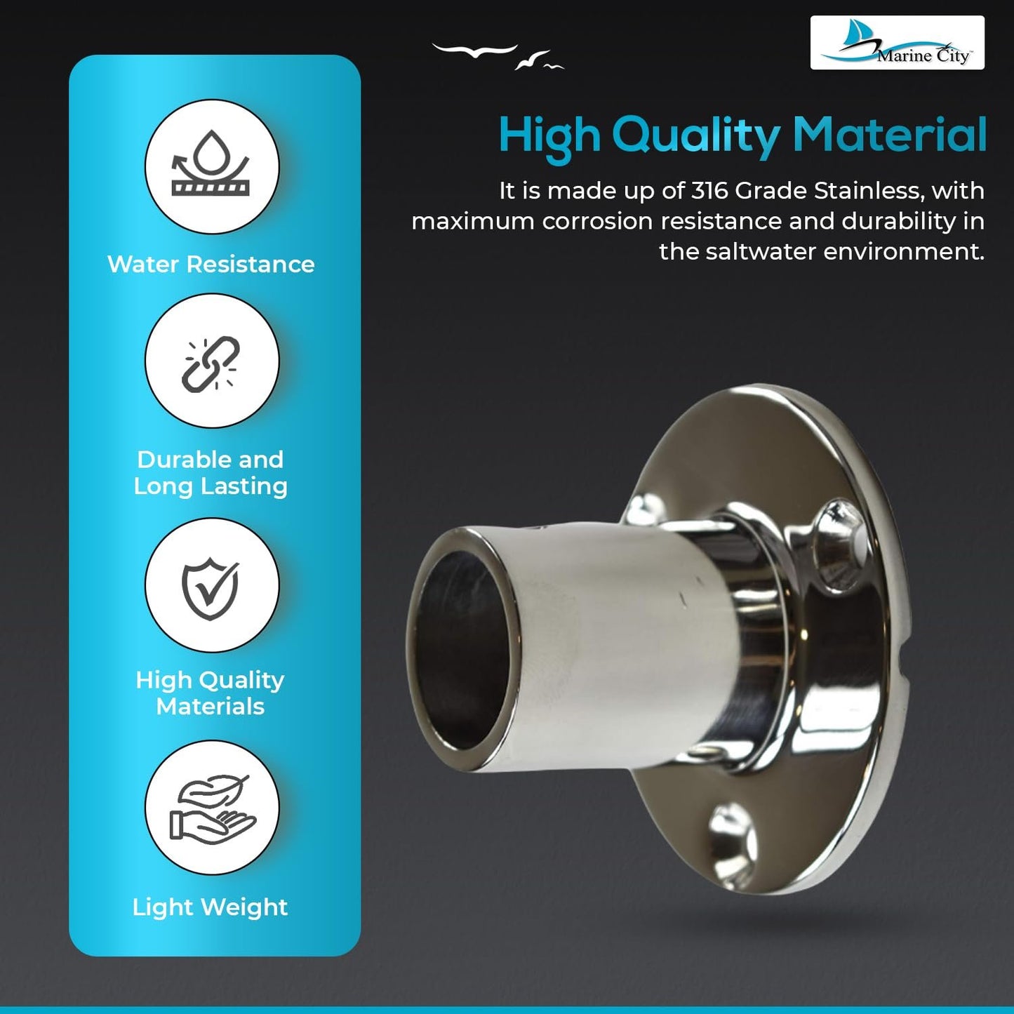 Marine City 316 Stainless Steel Boat Hand Railing Fittings – 1” Round Base