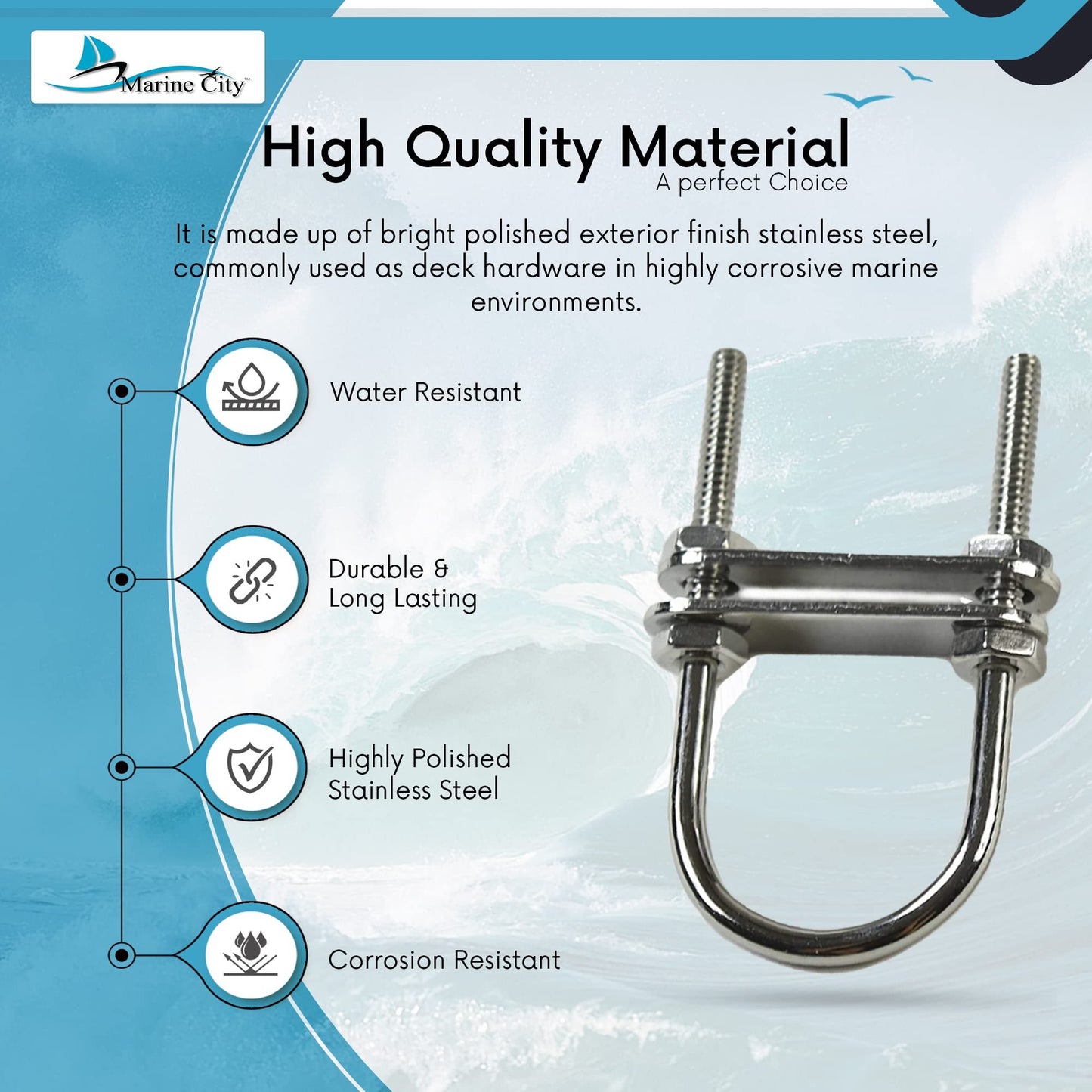 Marine City Bow Eye U-Bolt, 3/16” 304 Stainless Steel, 2-3/4” Length, Heavy Duty