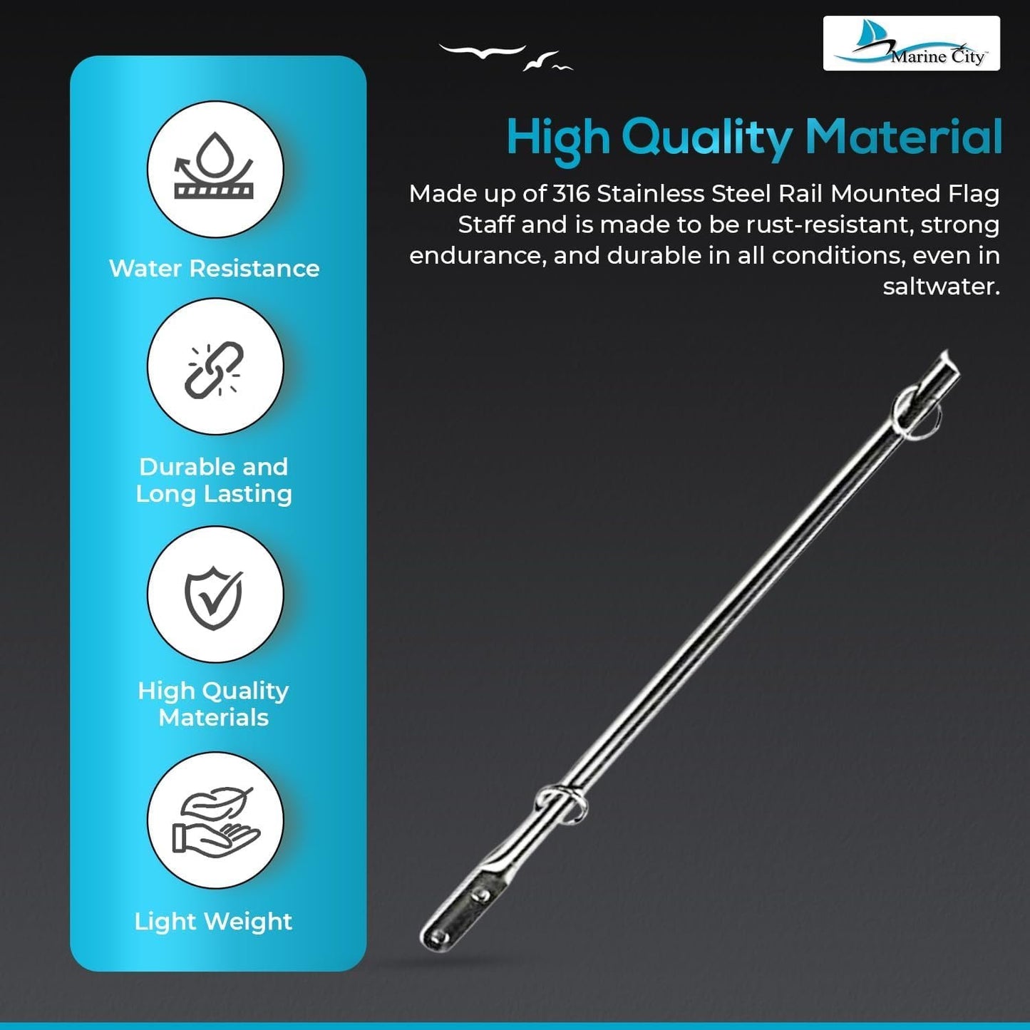 Marine City 316 Stainless Steel Rail Mounted Flag Staff – 15-1/4" Pole