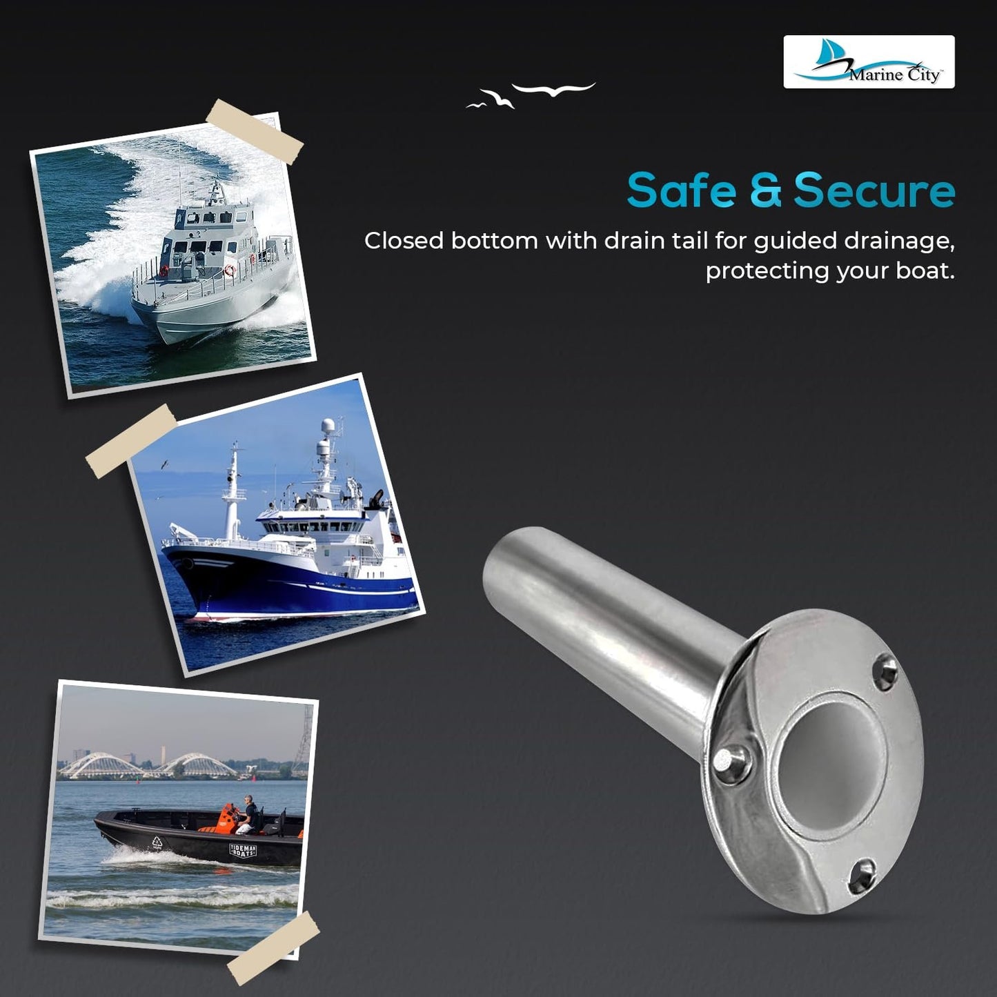 Marine City Stainless Steel Flush-Mount Fishing Rod Holder with Drain (4 Pcs)