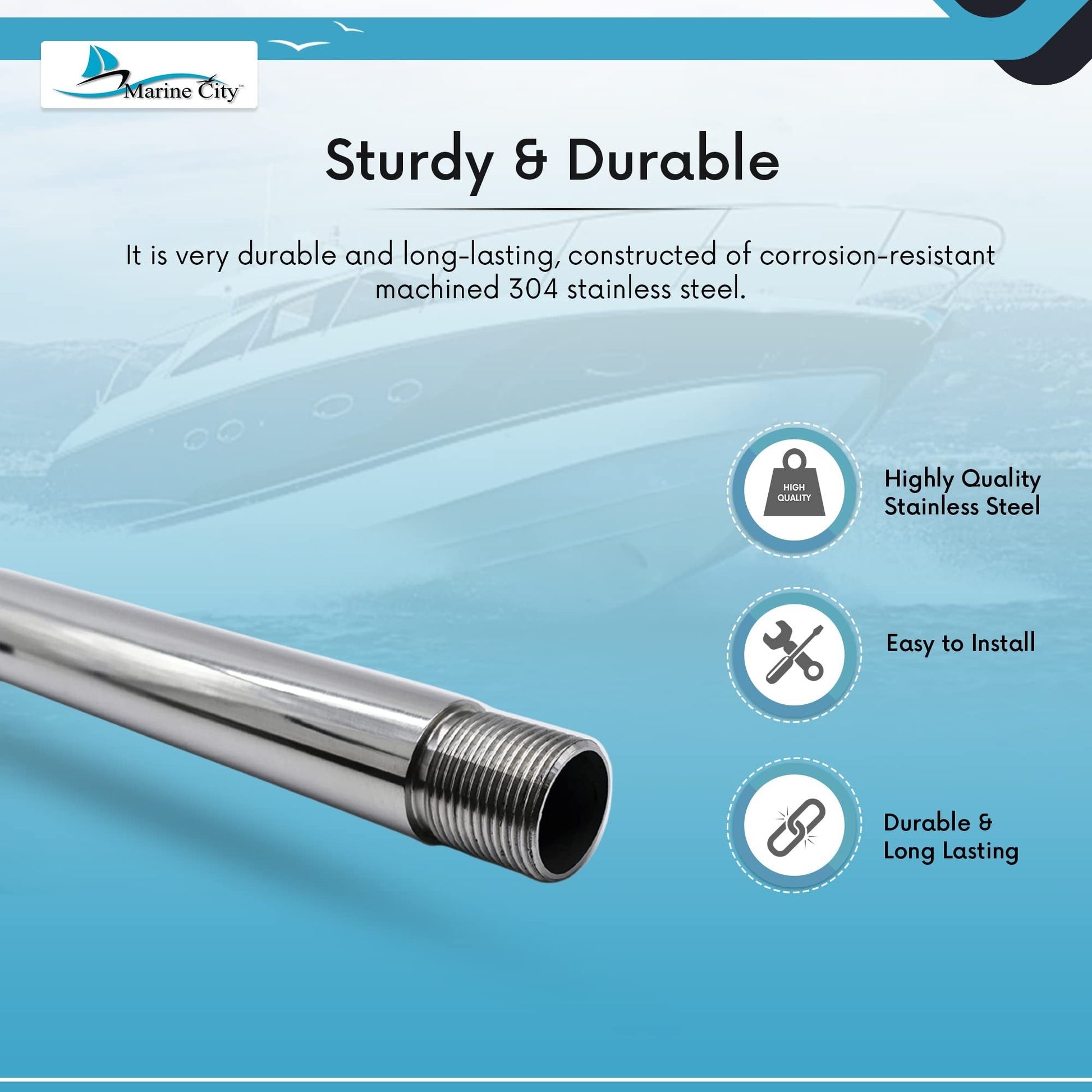 Marine City 24” Antenna Base Mount Extension Mast – Stainless Steel, Heavy-Duty MARINE CITY