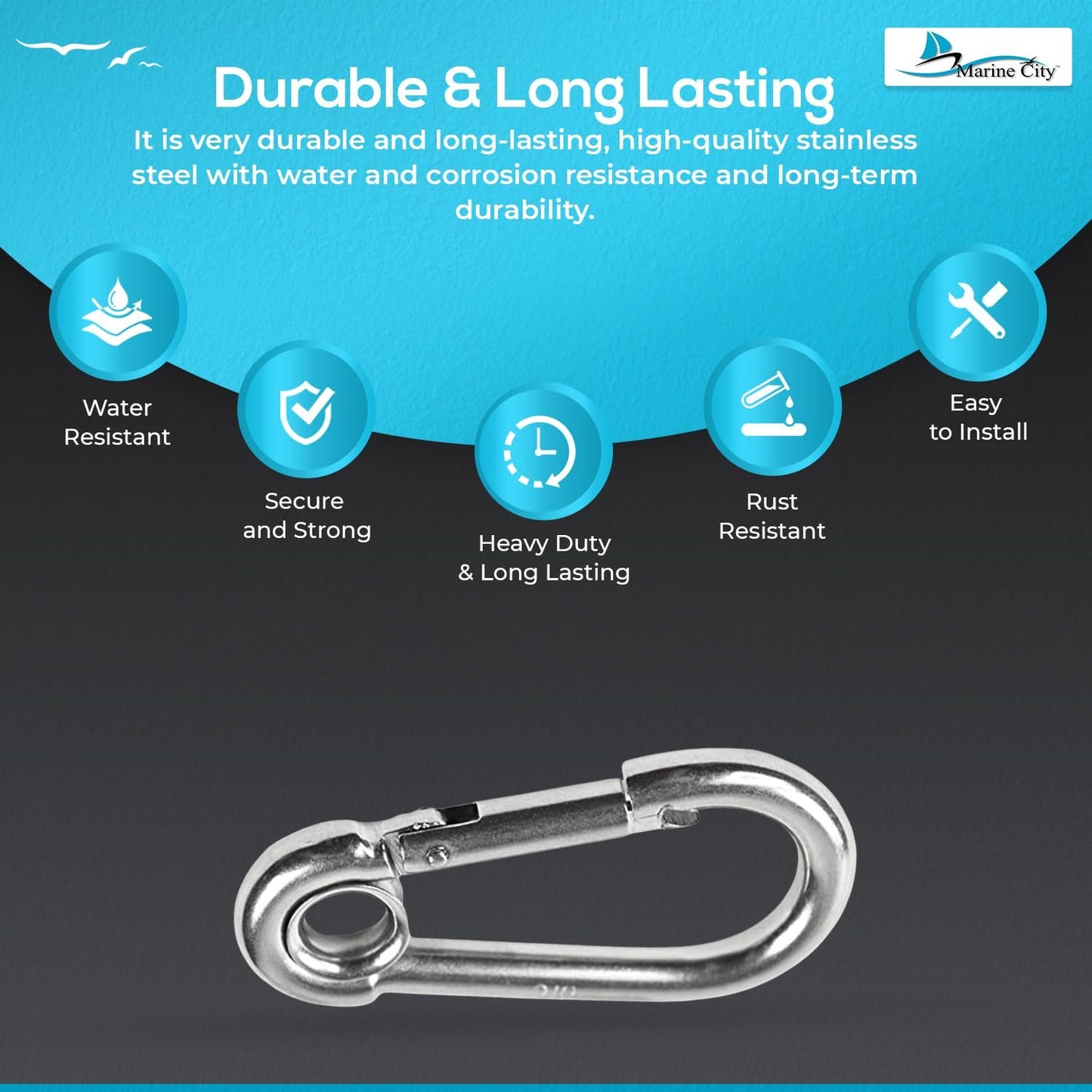 Marine City Carabiner Clip Snap Hook with Ring 2-3/4” Stainless Steel, Rustproof