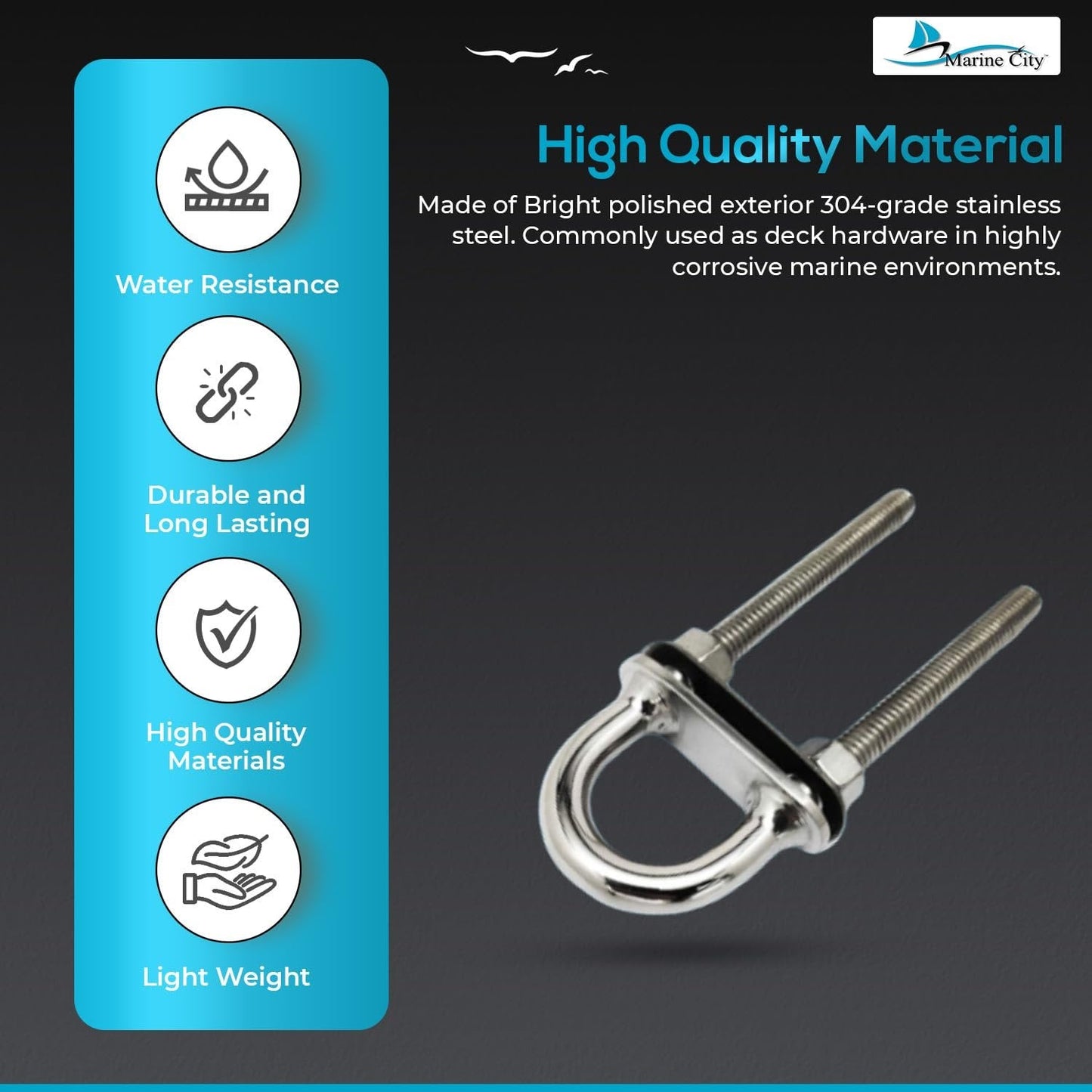 Marine City 3/8" Bow Eye U-Bolt with Welding Plate–304 Stainless Steel 5" Length Marine City