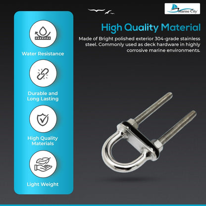 Marine City 3/8" Bow Eye U-Bolt with Welding Plate–304 Stainless Steel 5" Length Marine City