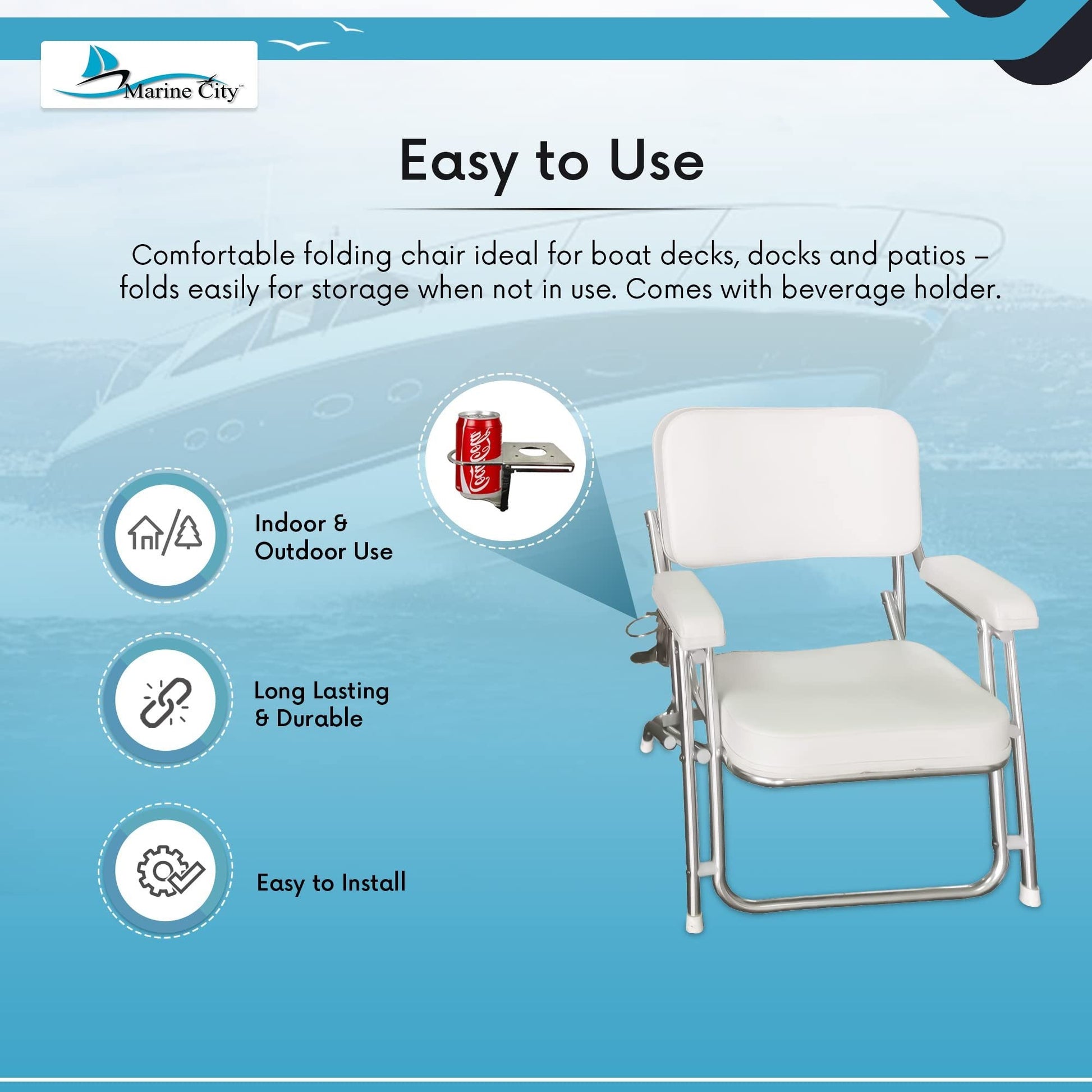 Marine City Aluminum Portable Folding Boat Deck Chair – Cushioned Foam Seat Marine City