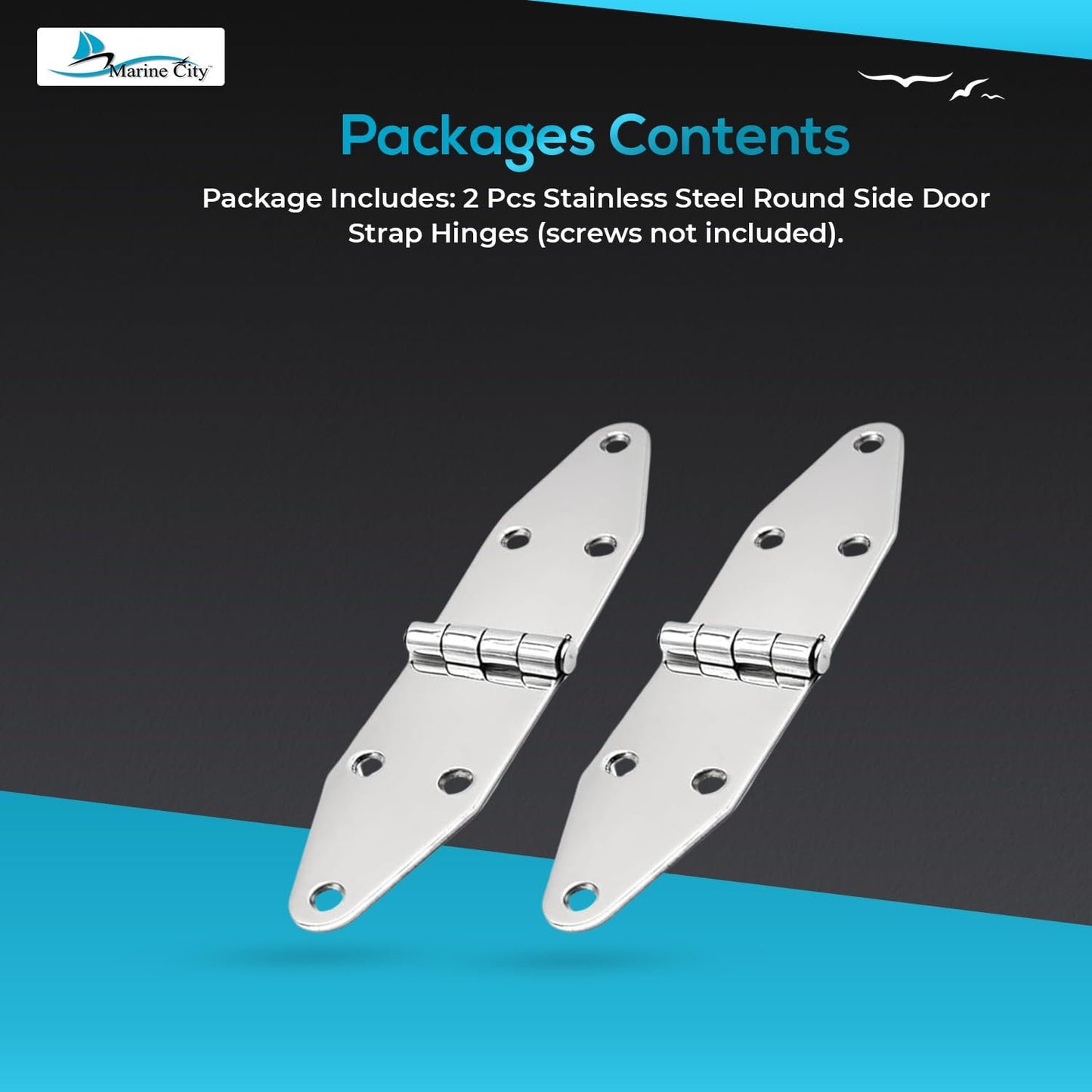 Marine City 304 Stainless Steel Round Door Strap Hinges (7-1/4" ×1-5/8") (2 Pcs)