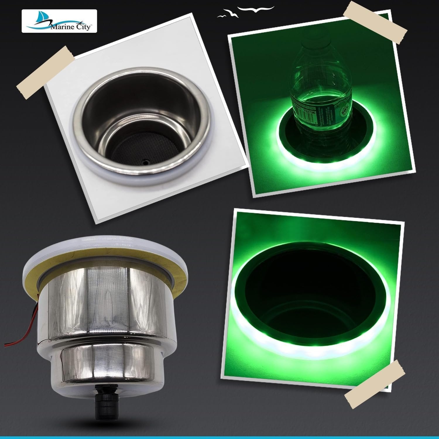 Marine City Stainless Steel Green LED Cup Holder with Drain Corrosion-Resistant Marine City