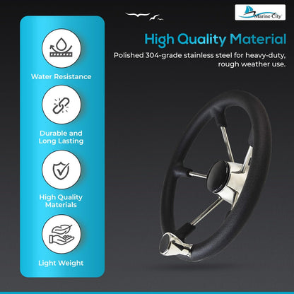 Marine City Volante de acero inoxidable para barco con agarre de espuma negra de 13-1/2 pulgadas con perilla para yate (diámetro: 13-1/2 pulgadas)