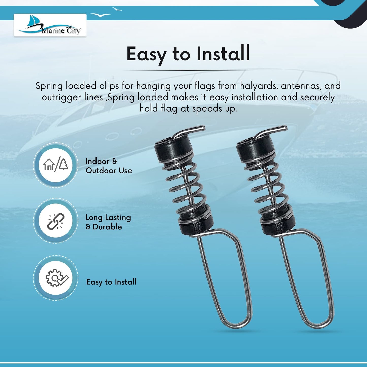 Marine City Antenna Halyard & Outrigger Flag Clips 304 Stainless Steel (2 Pcs) Marine City