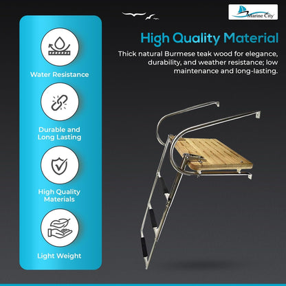 Marine City Stainless Steel Telescoping 3-Step O/B Swim Teak Platform Ladder Marine City Hardware
