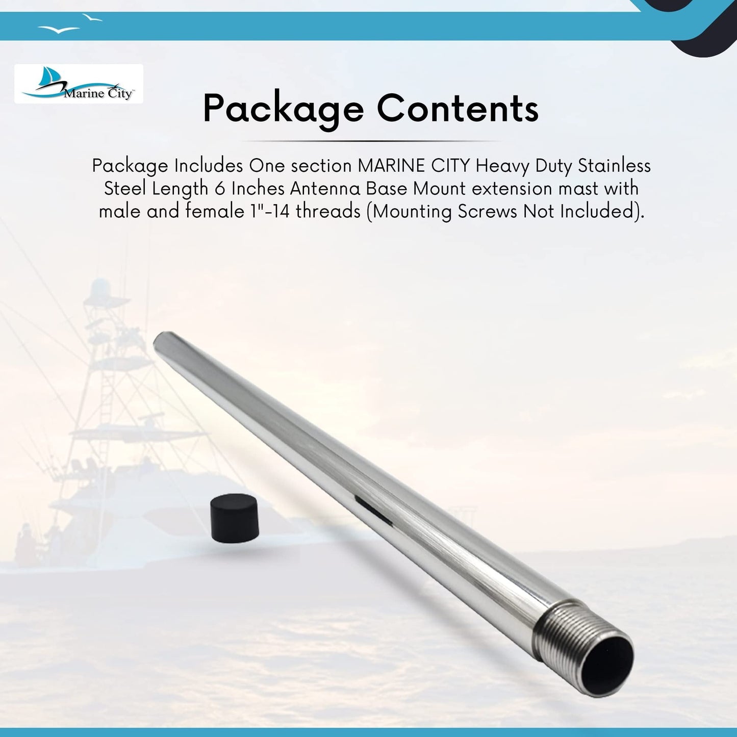 Marine City 24” Antenna Base Mount Extension Mast – Stainless Steel, Heavy-Duty MARINE CITY