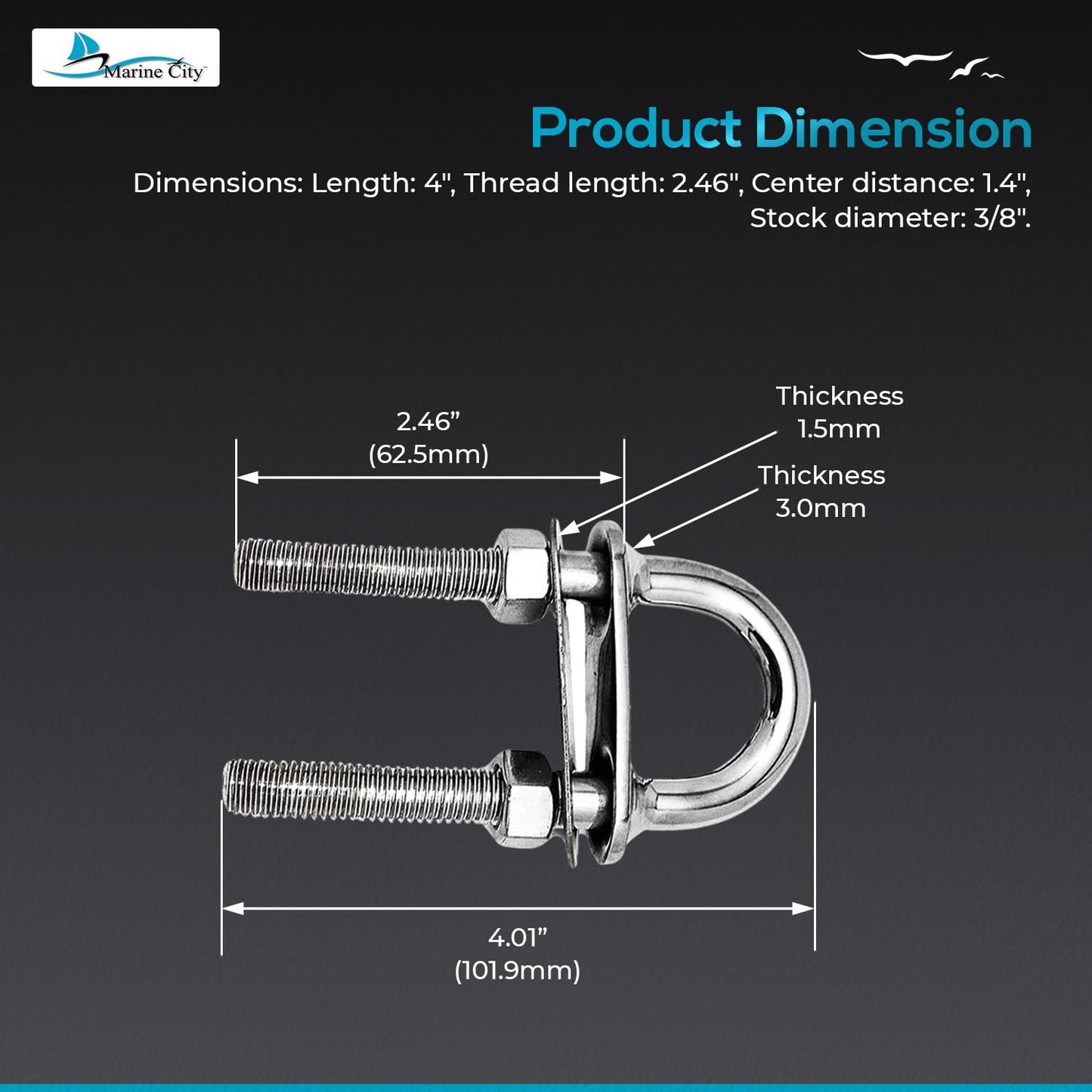 Marine City 3/8" Bow Eye U-Bolt with Welding Plate–304 Stainless Steel 4" Length