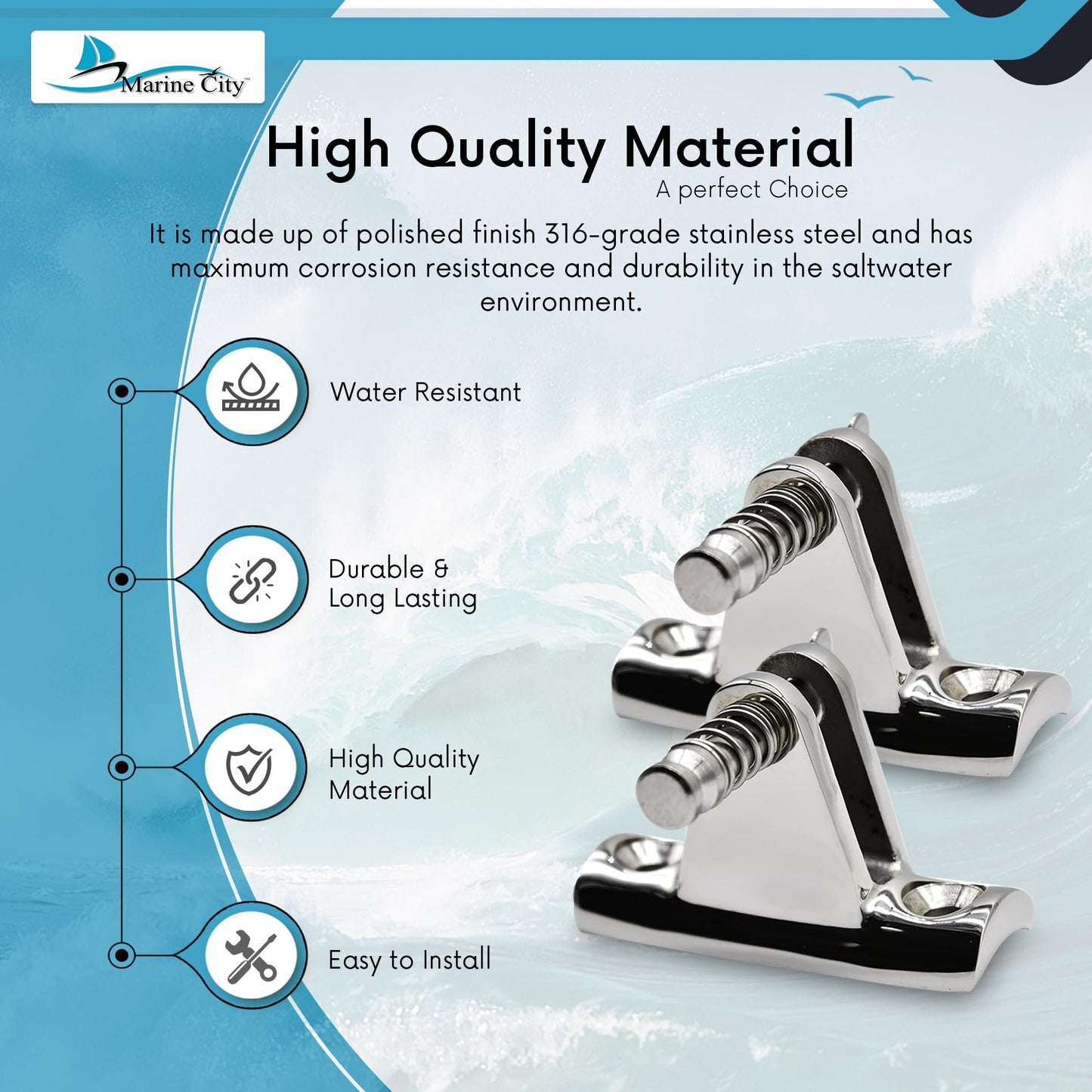MARINE CITY 316 Stainless Steel Bimini Top Deck Hinge 90° Concave Base (2 Pcs)