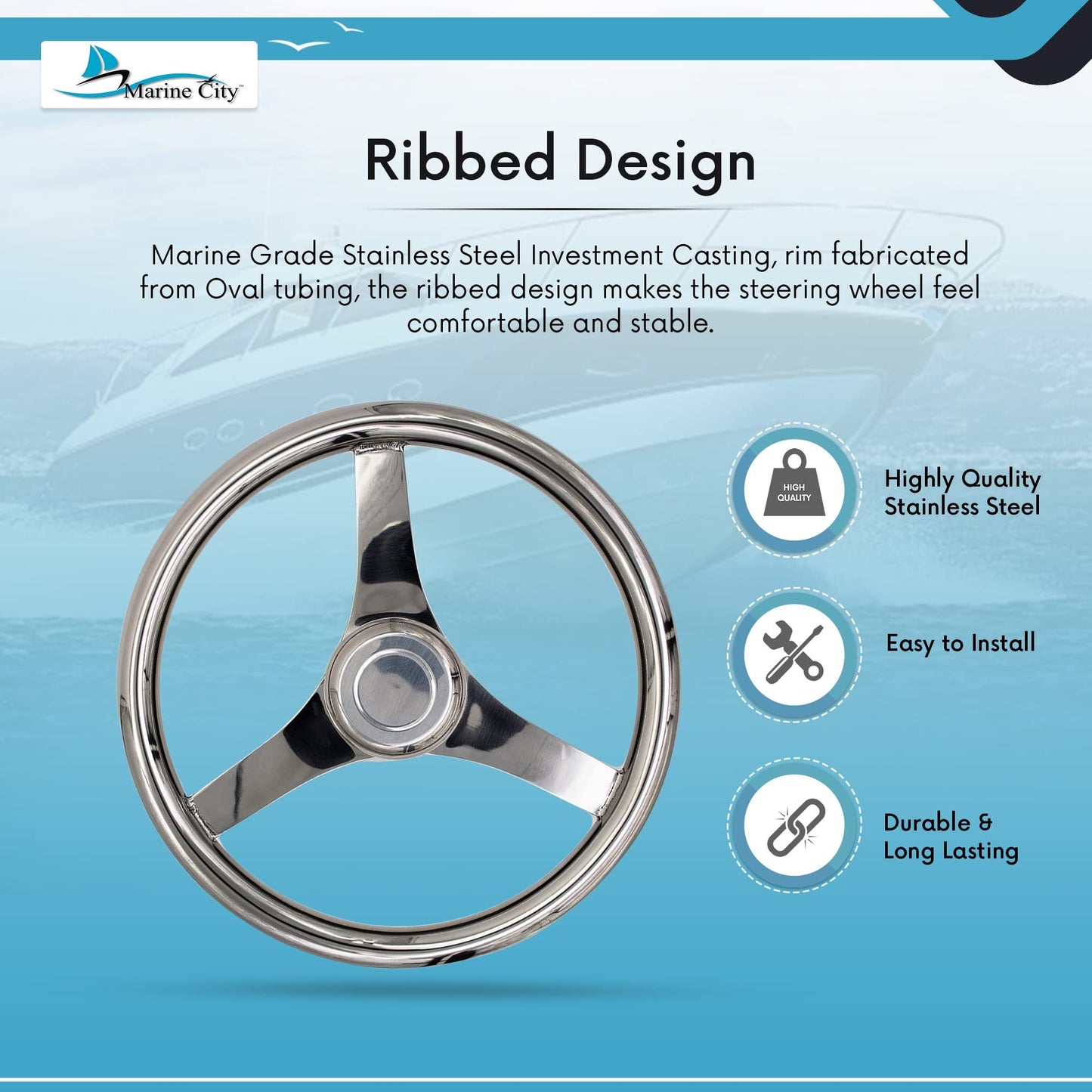 MARINE CITY Volante deportivo de acero inoxidable de grado marino de 13-1/2"