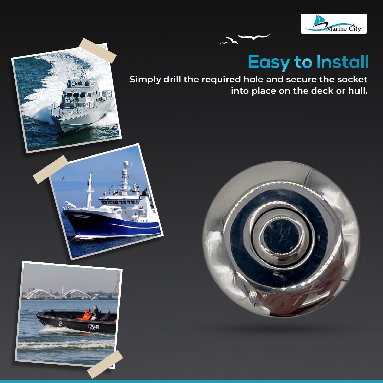 Marine City Retractable Fender Cleat Socket – 316 Stainless Steel Pop-Up Mount MARINE CITY