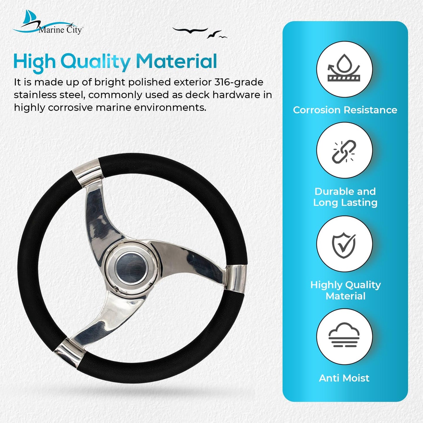 Marine City Tri-Spoke Steering Wheel, Stainless Steel, 13-1/2" with PU Foam Grip