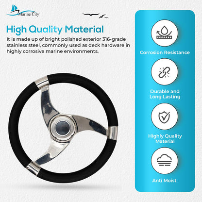Marine City Tri-Spoke Steering Wheel, Stainless Steel, 13-1/2" with PU Foam Grip