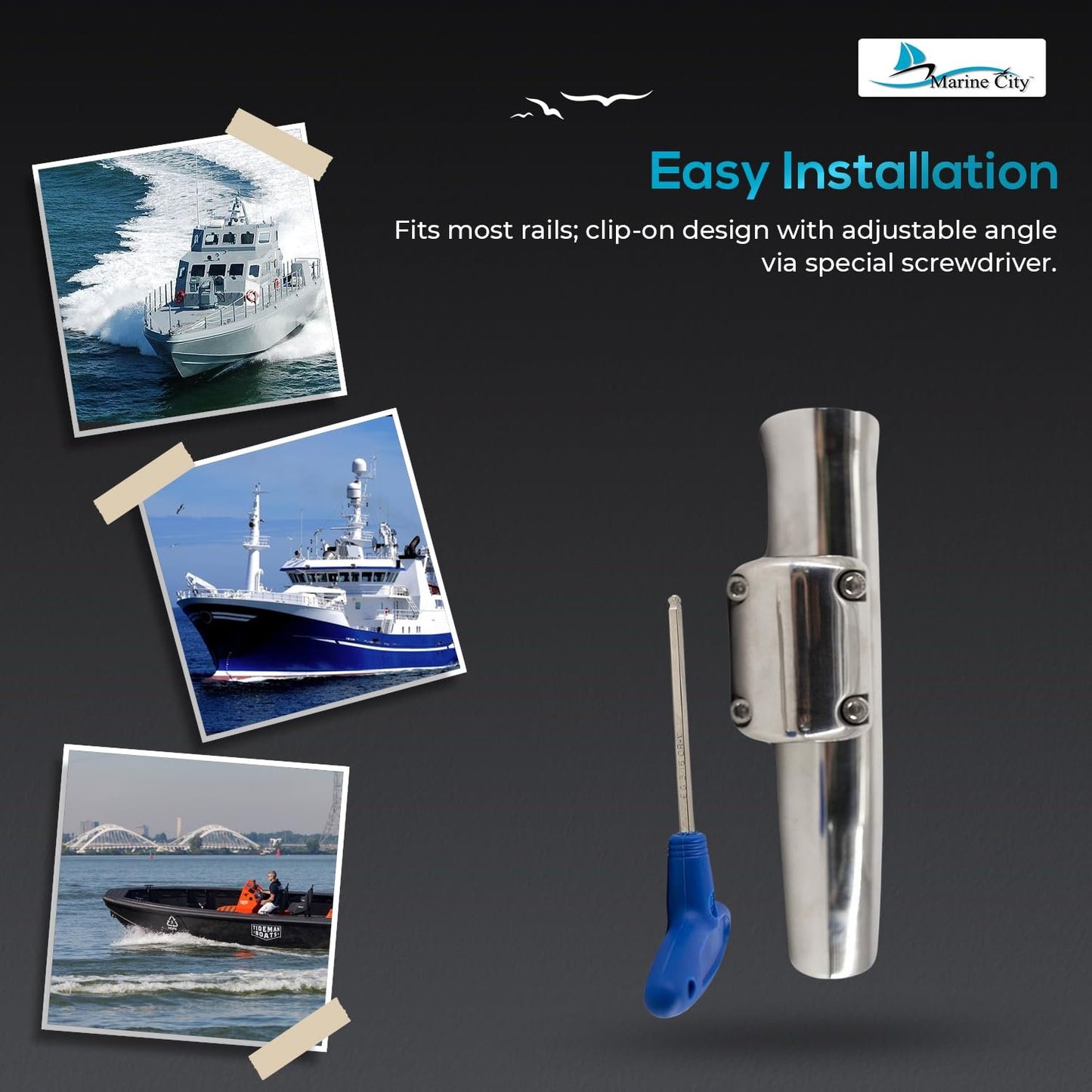 Marine City Adjustable Fishing Rod Holder – 304 Stainless Steel Clamp-On