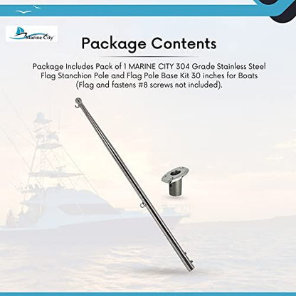 MARINE CITY 30-Inch Flag Stanchion Pole & Base Kit – Stainless Steel, Adjustable MARINE CITY