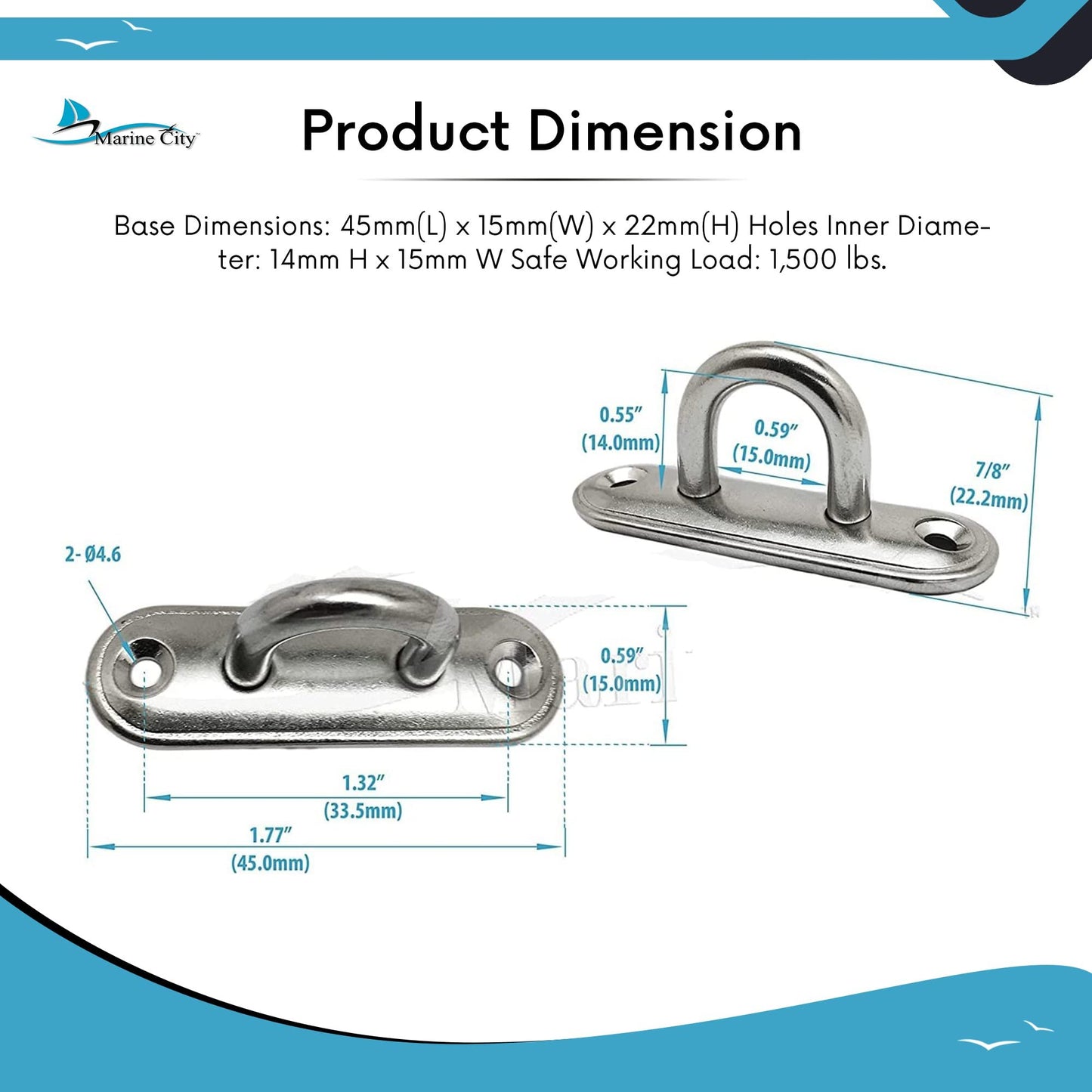 Marine City Oblong Pad Eye Plate – Heavy-Duty Stainless Steel, 3500 lbs Capacity