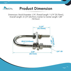 Marine City Stainless-Steel 1/4 inches Stock Bow Eye/U-Bolt (L: 2-1/2 inches)