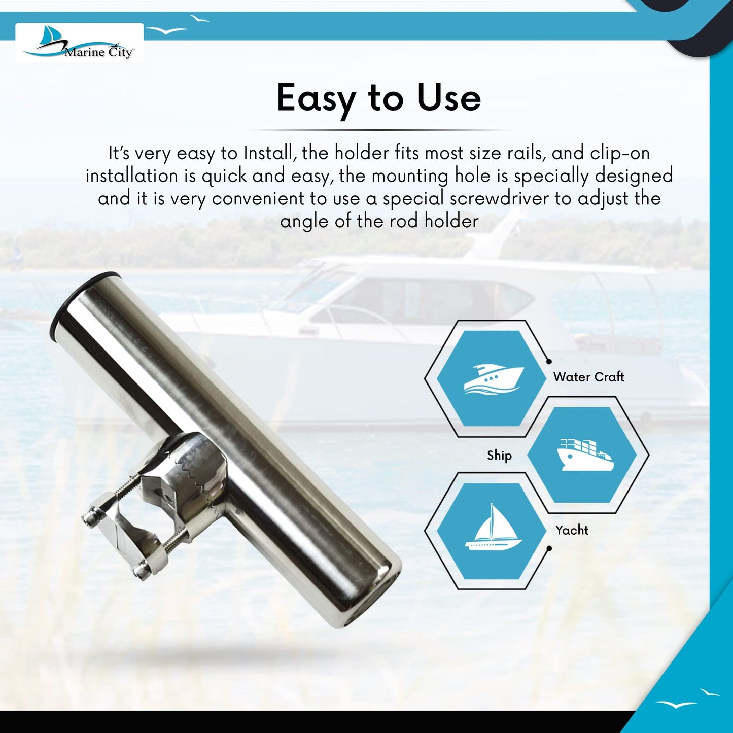 MARINE CITY Adjustable Clamp-On Fishing Rod Holder Stainless Steel, Fits 1-7/8”