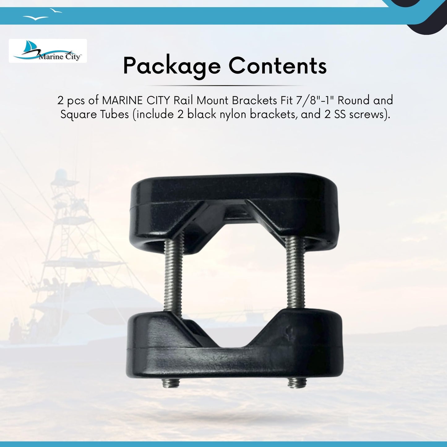 Marine City Nylon Rail Mount Brackets, Fits 7/8”-1” Round & Square Tubes (2 Pcs)