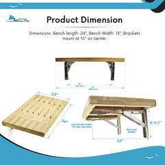 Marine City Teak Wall Mount Fold-Down Bench 24” × 13”, Stainless Steel Brackets