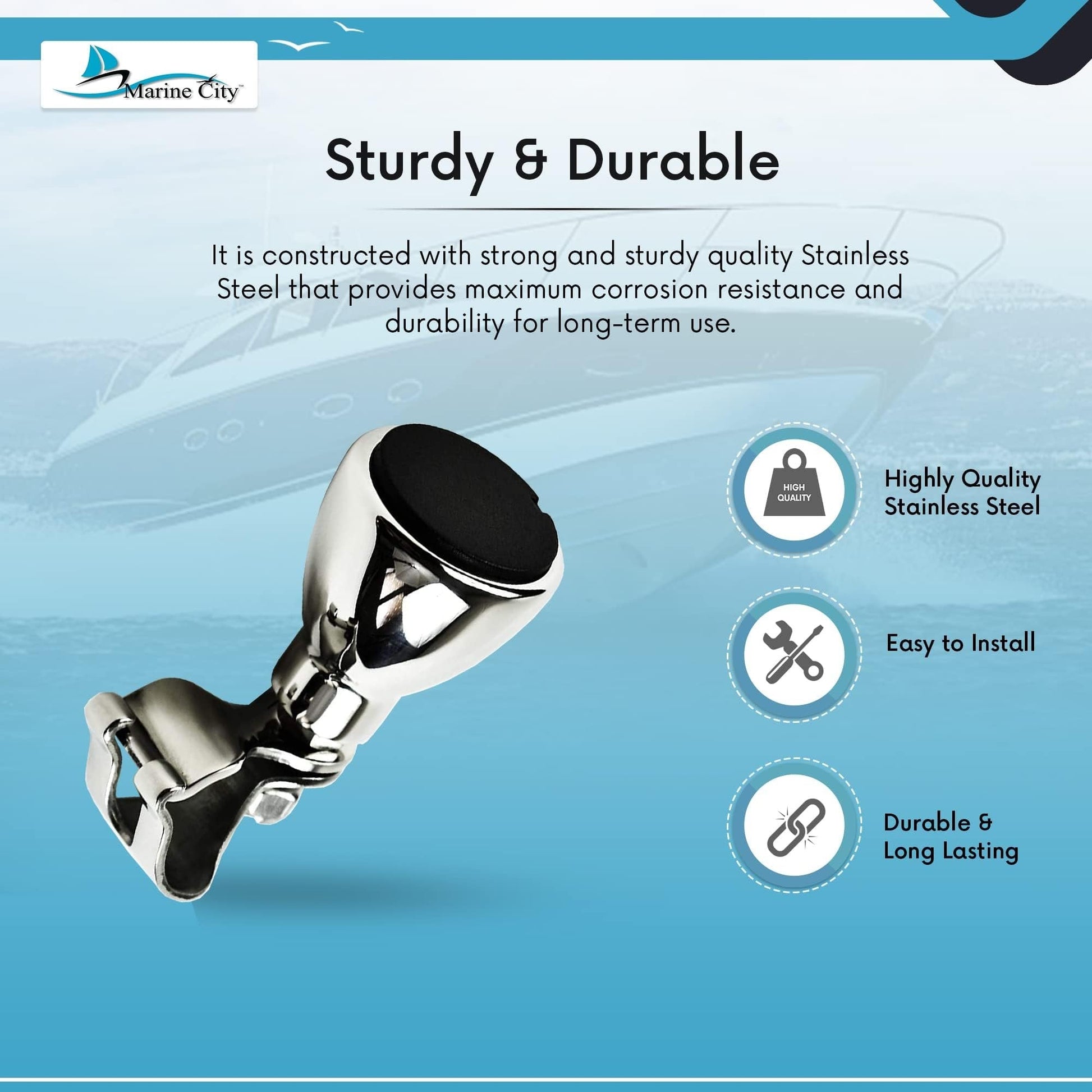 Marine City 316 Stainless Steel Sport Boat Steering Wheel Knob with Cap MARINE CITY