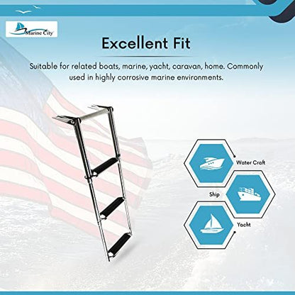 Marine City Escalera telescópica de 3 escalones de acero inoxidable 304 con escalones curvos extra anchos y pasarela equipada para barcos y yates