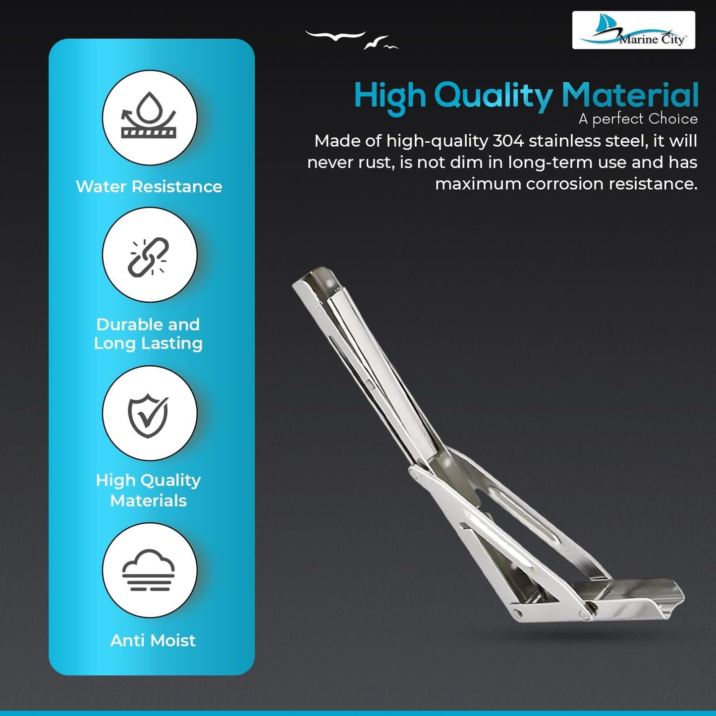 Marine City 304 Stainless Steel Folding Shelf Bracket – 12” Long Arm, Heavy Duty Marine City Hardware