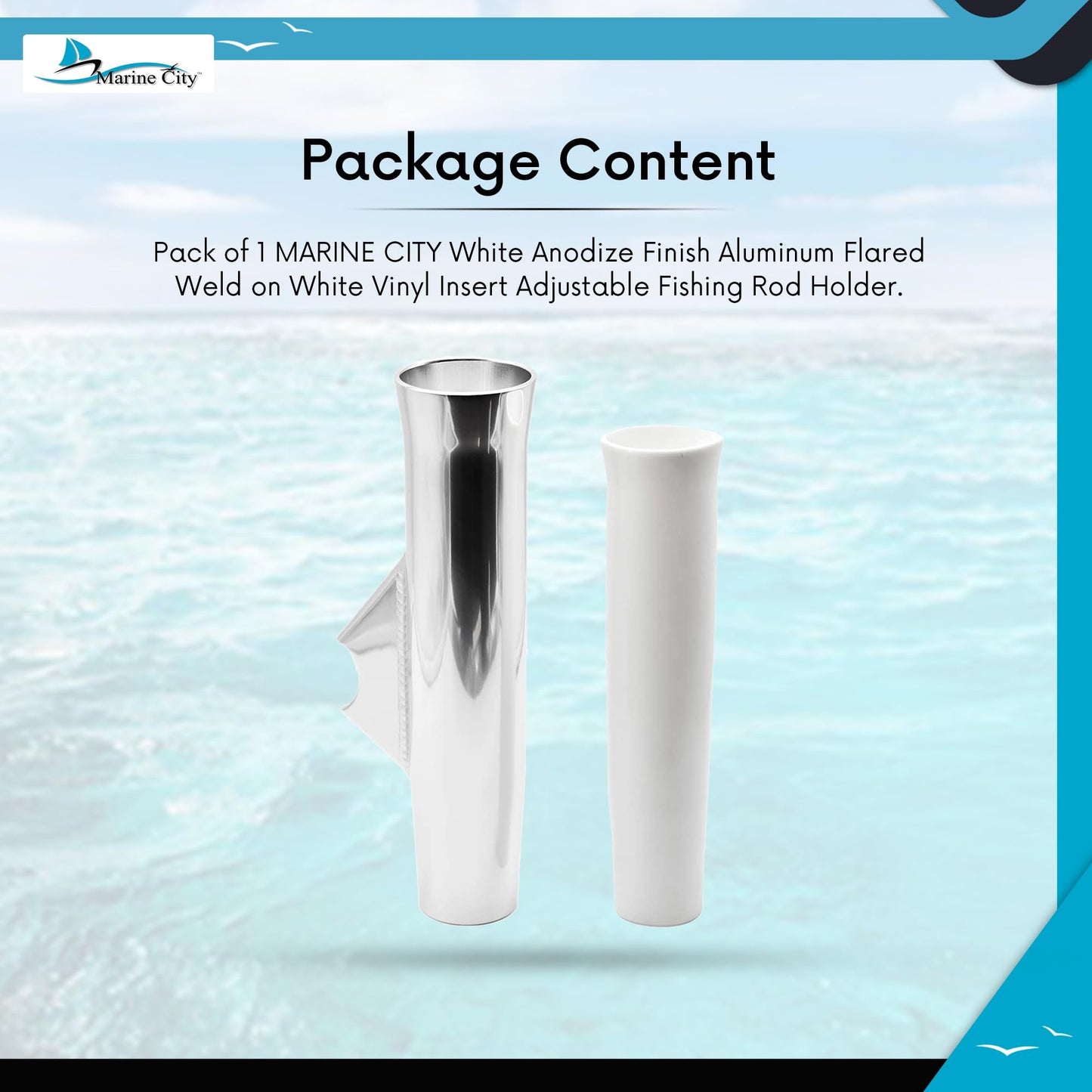 Marine City Adjustable Fishing Rod Holder 10” x 1-1/2” – White Anodized Aluminum