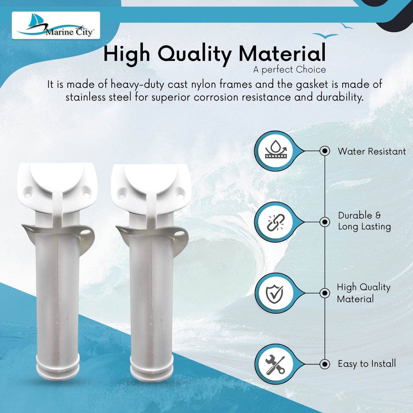 MARINE CITY White Nylon Flush Mount Rod Holder – UV Stabilized 30° with Cap