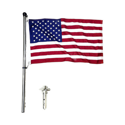 MARINE CITY 304 Grade Stainless Steel Spring Mounting Socket and 32 Inches Flag Stanchion Pole with US Flag Bright Polished Rail Mounted for Marines – Boats – Yachts – Ships – RVs (Pack of 1)