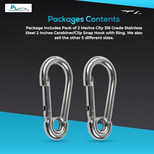 MARINE CITY 316 Mosquetones de acero inoxidable de 2-3/8 pulgadas/gancho de presión con anillo para escalada, pesca, senderismo