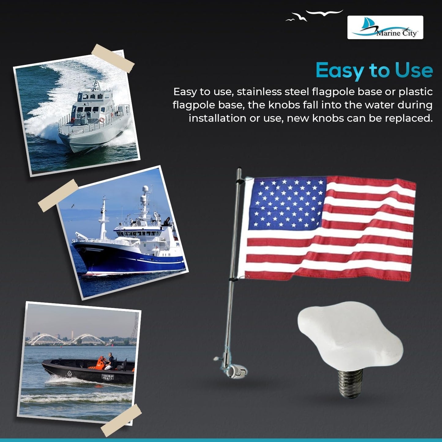 Marine City Flagpole Base Nylon Knobs & Cover Support with Stainless Steel Stud (5 Pcs) Marine City
