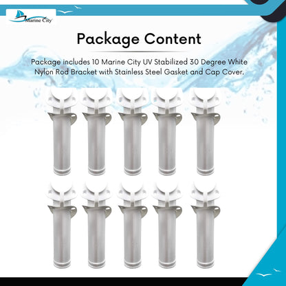MARINE CITY White Nylon Flush Mount Rod Holder – UV Stabilized 30° (Pack of 10)