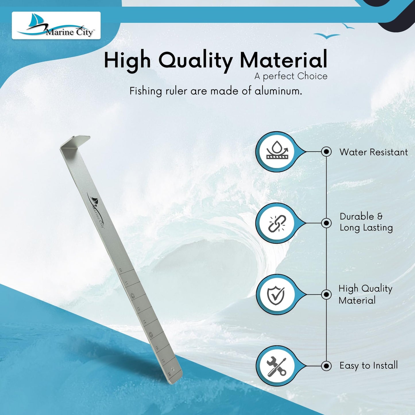 Marine City 18-Inch Aluminum Fishing Ruler – Durable Mount Fish Measuring Tool